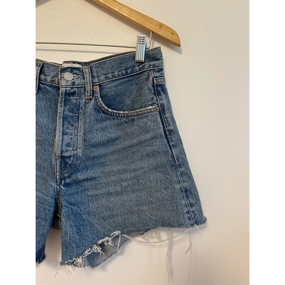 AGOLDE Parker Long High Rise Denim Jean Shorts in Medium Wash Blue | Size 25